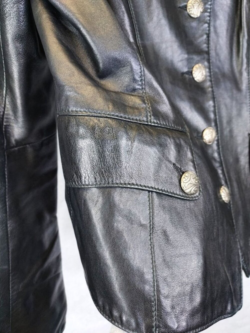 DANIER Button Up Leather Jacket Women's S Black Flared Sleeve Biker Goth Witchy - Picture 7 of 16